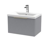 Balterley Fluted Front Wall Hung 1-Drawer Bathroom Vanity Unit With 1 Tap Hole Basin, 600mm, Satin Grey, Brushed Brass Handles