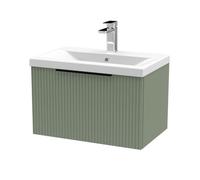 Balterley Fluted Front Wall Hung 1-Drawer Bathroom Vanity Unit With 1 Tap Hole Basin, 600mm, Satin Green, Black Handles