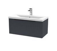 Balterley Fluted Front Wall Hung 1-Drawer Bathroom Vanity Unit With 1 Tap Hole Basin, 800mm, Satin Dark Grey, Black Handles