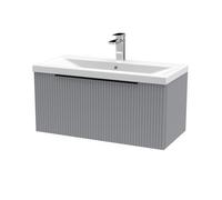 Balterley Fluted Front Wall Hung 1-Drawer Bathroom Vanity Unit With 1 Tap Hole Basin, 800mm, Satin Grey, Black Handles