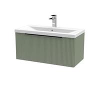 Balterley Fluted Front Wall Hung 1-Drawer Bathroom Vanity Unit With 1 Tap Hole Basin, 800mm, Satin Green, Black Handles