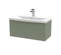 Balterley Fluted Front Wall Hung 1-Drawer Bathroom Vanity Unit With 1 Tap Hole Basin, 800mm, Satin Green, Brushed Brass Handles