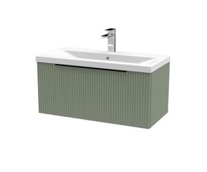Balterley Fluted Front Wall Hung 1-Drawer Bathroom Vanity Unit With 1 Tap Hole Basin, 800mm, Satin Green, Black Handles