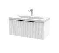 Balterley Fluted Front Wall Hung 1-Drawer Bathroom Vanity Unit With 1 Tap Hole Basin, 800mm, Satin White, Black Handles