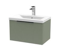 Balterley Fluted Front Wall Hung 1-Drawer Bathroom Vanity Unit With 1 Tap Hole Basin, 600mm, Satin Green, Black Handles