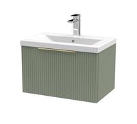 Balterley Fluted Front Wall Hung 1-Drawer Bathroom Vanity Unit With 1 Tap Hole Basin, 600mm, Satin Green, Brushed Brass Handles