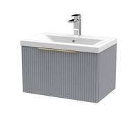 Balterley Fluted Front Wall Hung 1-Drawer Bathroom Vanity Unit With 1 Tap Hole Basin, 600mm, Satin Grey, Brushed Brass Handles