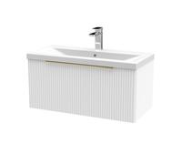 Balterley Fluted Front Wall Hung 1-Drawer Bathroom Vanity Unit With 1 Tap Hole Basin, 800mm, Satin White, Brushed Brass Handles