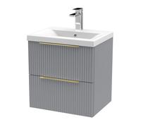 Balterley Fluted Front Wall Hung 2-Drawer Bathroom Vanity Unit 1 Tap Hole Basin, 500mm, Satin Grey - Brushed Brass Handles