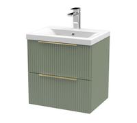 Balterley Fluted Front Wall Hung 2-Drawer Bathroom Vanity Unit And Mid-Edge Basin, 500mm, Satin Green, Brushed Brass Handles