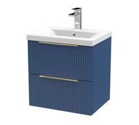Balterley Fluted Front Wall Hung 2-Drawer Bathroom Vanity Unit With 1 Tap Hole Basin, 500mm, Satin Blue, Brushed Brass Handles