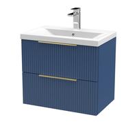 Balterley Fluted Front Wall Hung 2-Drawer Bathroom Vanity Unit With 1 Tap Hole Basin, 600mm, Satin Blue, Brushed Brass Handles