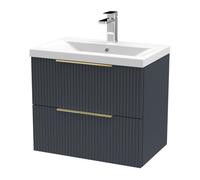 Balterley Fluted Front Wall Hung 2-Drawer Bathroom Vanity Unit With 1 Tap Hole Basin, 600mm, Satin Dark Grey, Brushed Brass Handles