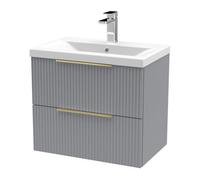 Balterley Fluted Front Wall Hung 2-Drawer Bathroom Vanity Unit With 1 Tap Hole Basin, 600mm, Satin Grey, Brushed Brass Handles