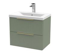 Balterley Fluted Front Wall Hung 2-Drawer Bathroom Vanity Unit With 1 Tap Hole Basin, 600mm, Satin Green, Brushed Brass Handles