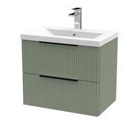 Balterley Fluted Front Wall Hung 2-Drawer Bathroom Vanity Unit With 1 Tap Hole Basin, 600mm, Satin Green, Black Handles