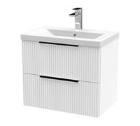 Balterley Fluted Front Wall Hung 2-Drawer Bathroom Vanity Unit With 1 Tap Hole Basin, 600mm, Satin White, Black Handles