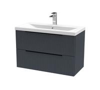 Balterley Fluted Front Wall Hung 2-Drawer Bathroom Vanity Unit With 1 Tap Hole Basin, 800mm, Satin Dark Grey, Black Handles