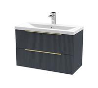 Balterley Fluted Front Wall Hung 2-Drawer Bathroom Vanity Unit With 1 Tap Hole Basin, 800mm, Satin Dark Grey, Brushed Brass Handles