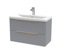 Balterley Fluted Front Wall Hung 2-Drawer Bathroom Vanity Unit With 1 Tap Hole Basin, 800mm, Satin Grey, Brushed Brass Handles