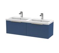 Balterley Fluted Front Wall Hung 2-Drawer Bathroom Vanity Unit With Double Basin, 1200mm, Satin Blue, Brushed Brass Handles