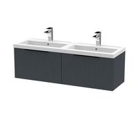 Balterley Fluted Front Wall Hung 2-Drawer Bathroom Vanity Unit With Double Basin, 1200mm, Satin Dark Grey, Black Handles