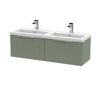 Balterley Fluted Front Wall Hung 2-Drawer Bathroom Vanity Unit With Double Basin, 1200mm, Satin Green, Brushed Brass Handles