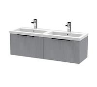 Balterley Fluted Front Wall Hung 2-Drawer Bathroom Vanity Unit With Double Basin, 1200mm, Satin Grey, Black Handles