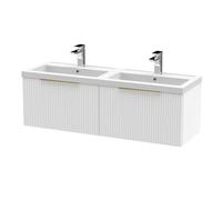 Balterley Fluted Front Wall Hung 2-Drawer Bathroom Vanity Unit With Double Basin, 1200mm, Satin White, Brushed Brass Handles