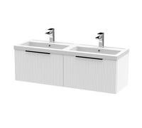 Balterley Fluted Front Wall Hung 2-Drawer Bathroom Vanity Unit With Double Basin, 1200mm, Satin White, Black Handles
