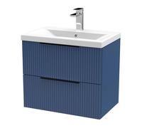 Balterley Fluted Front Wall Hung 2-Drawer Bathroom Vanity Unit With 1 Tap Hole Basin, 600mm, Satin Blue, Black Handles