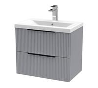 Balterley Fluted Front Wall Hung 2-Drawer Bathroom Vanity Unit With 1 Tap Hole Basin, 600mm, Satin Grey, Black Handles