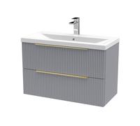Balterley Fluted Front Wall Hung 2-Drawer Bathroom Vanity Unit With 1 Tap Hole Basin, 800mm, Satin Grey, Brushed Brass Handles