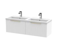 Balterley Fluted Front Wall Hung 2-Drawer Bathroom Vanity Unit With Double Basin, 1200mm, Satin White, Brushed Brass Handles