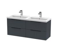 Balterley Fluted Front Wall Hung 4-Drawer Bathroom Vanity Unit With Double Basin, 1200mm, Satin Dark Grey, Black Handles