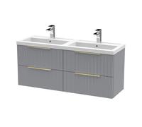 Balterley Fluted Front Wall Hung 4-Drawer Bathroom Vanity Unit With Double Basin, 1200mm, Satin Grey, Brushed Brass Handles