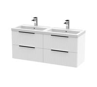 Balterley Fluted Front Wall Hung 4-Drawer Bathroom Vanity Unit With Double Basin, 1200mm, Satin White, Black Handles
