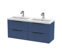 Balterley Fluted Front Wall Hung 4-Drawer Bathroom Vanity Unit With Double Basin, 1200mm, Satin Blue, Black Handles