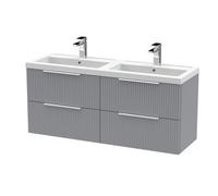 Balterley Fluted Front Wall Hung 4 Soft Close Drawer Bathroom Vanity Unit With 2 Tap Hole Double Polymarble Basin, 1200mm, Satin Grey