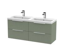 Balterley Fluted Front Wall Hung 4 Soft Close Drawer Bathroom Vanity Unit With 2 Tap Hole Double Polymarble Basin, 1200mm, Satin Green