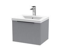 Balterley Fluted Front Wall Hung Single Drawer Bathroom Vanity Unit With 1 Tap Hole Basin, 500mm, Satin Grey - Black Handles