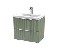 Balterley Fluted Front Wall Hung 2-Drawer Bathroom Vanity Unit With 1 Tap Hole Basin, 600mm, Satin Green, Chrome Handles