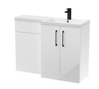 Balterley Gloss White Bathroom Vanity Unit with Basin & WC, Black Handles, Right Hand, 1100mm x 390mm