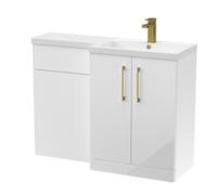 Balterley Gloss White Bathroom Vanity Unit with Basin & WC, Brushed Brass Handles, Right Hand, 1100mm x 390mm