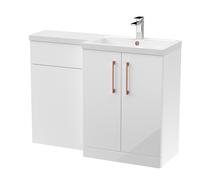 Balterley Gloss White Bathroom Vanity Unit with Basin & WC, Copper Handles, Right Hand, 1100mm x 390mm