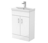 Balterley Gloss White Compact Floor Standing Bathroom Vanity Basin Unit With Ceramic Basin & 2 Soft-Close Doors - 550mm