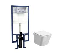 Hilderstone Contemporary Square Wall Hung Toilet Pan and Seat with Concealed Cistern and Flush Plate with Square Buttons - White/Chrome