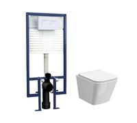 Hilderstone Contemporary Square Wall Hung Toilet Pan and Seat with Concealed Cistern and Flush Plate with Square Buttons - White