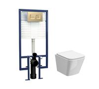 Hilderstone Contemporary Square Wall Hung Toilet Pan and Seat with Concealed Cistern and Flush Plate with Square Buttons - White/Brushed Brass
