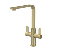 Balterley Kitchen Tap with Dual Lever Handles, Mono Kitchen Mixer Tap, Brushed Brass Mono Mixer Taps for Sink, Round Base with Curved Flat Swivel Spout Taps - 130 x 246 x 320mm (Brushed Brass)